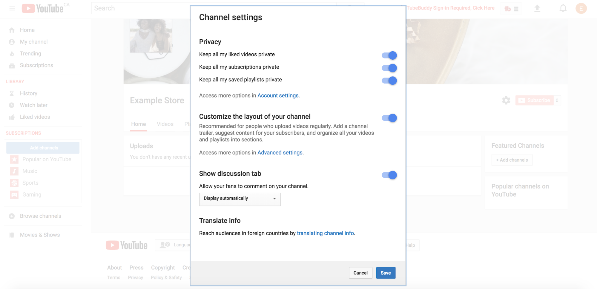 YouTube channel settings details