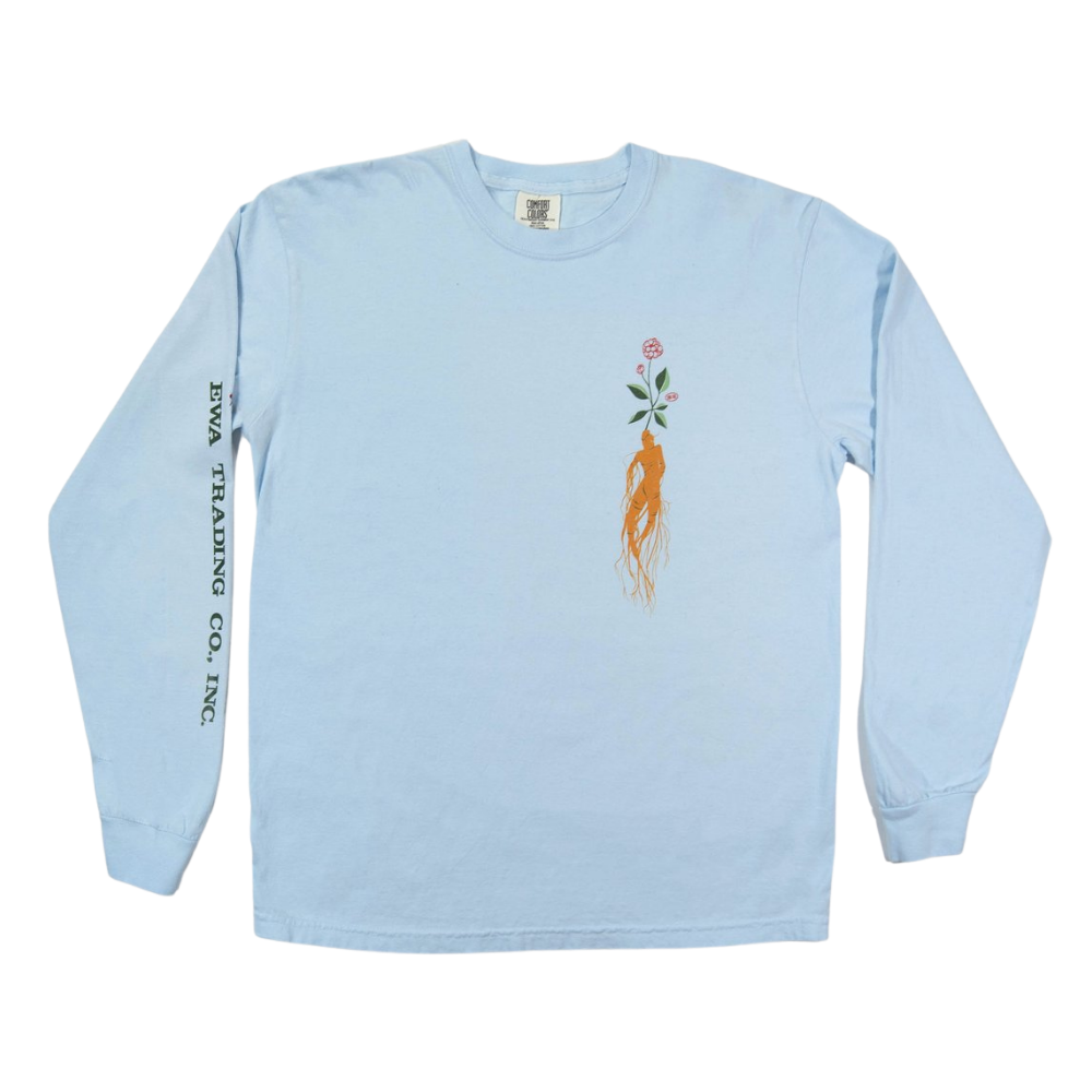 Long Sleeve tee from Made in Chinatown NY. Light blue in color with ginseng plant featured on the chest area