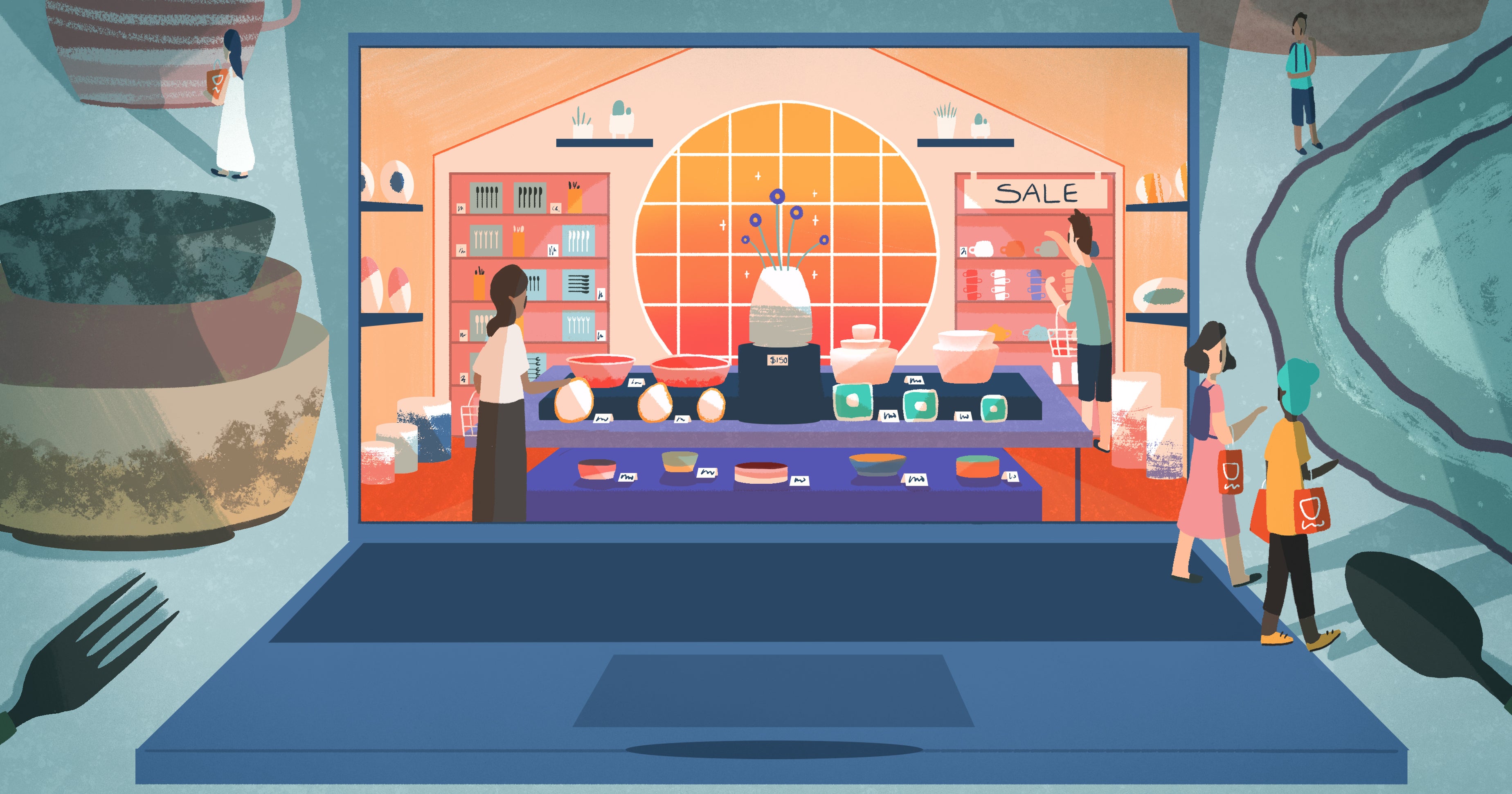 Illustration of a shop's inventory being organized into the front display or shelves on the side of the store to optimize for sales