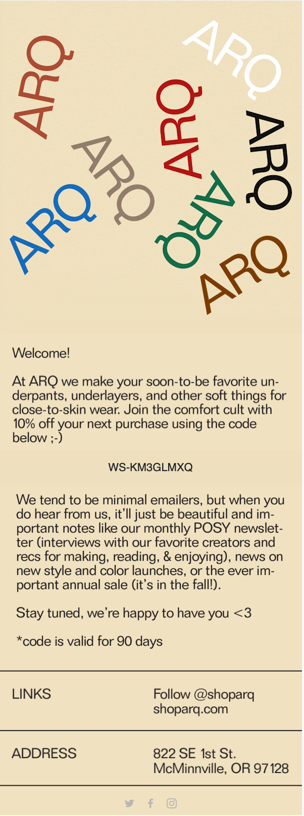 Posy, arq’s newsletter, welcome email for new subscribers includes a discount code