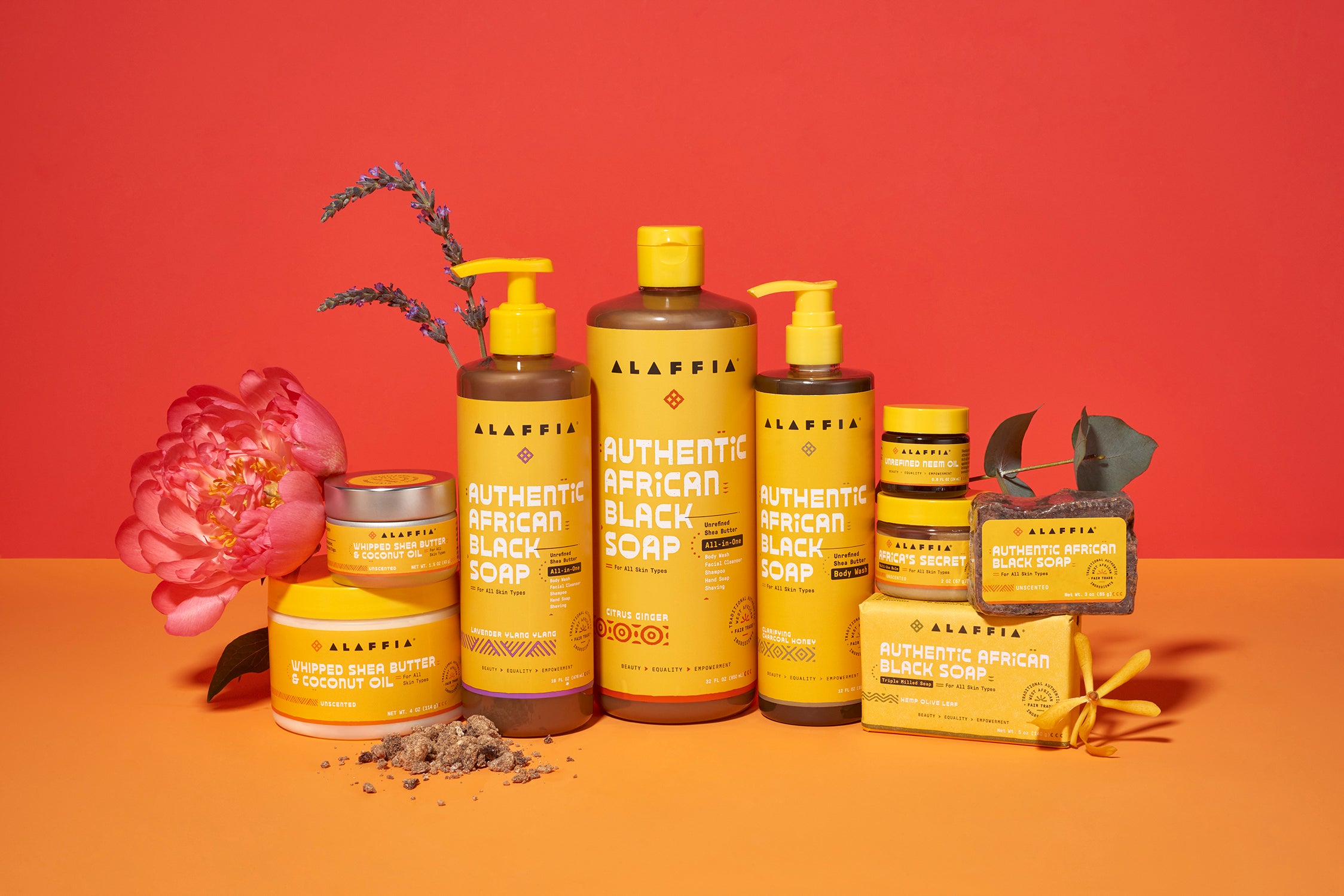 A collection of hair and skincare products from Alaffia. 