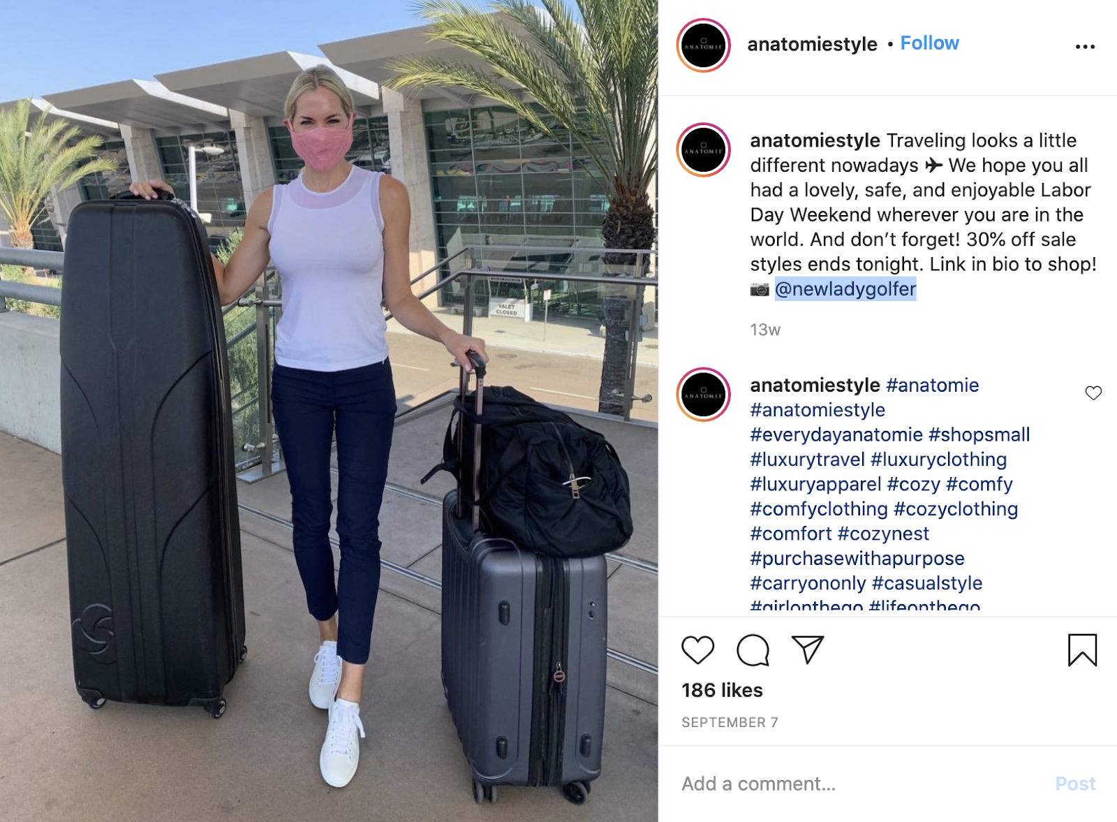 User generated content Instagram idea example by Anatomie showing a woman with 3 suitcases