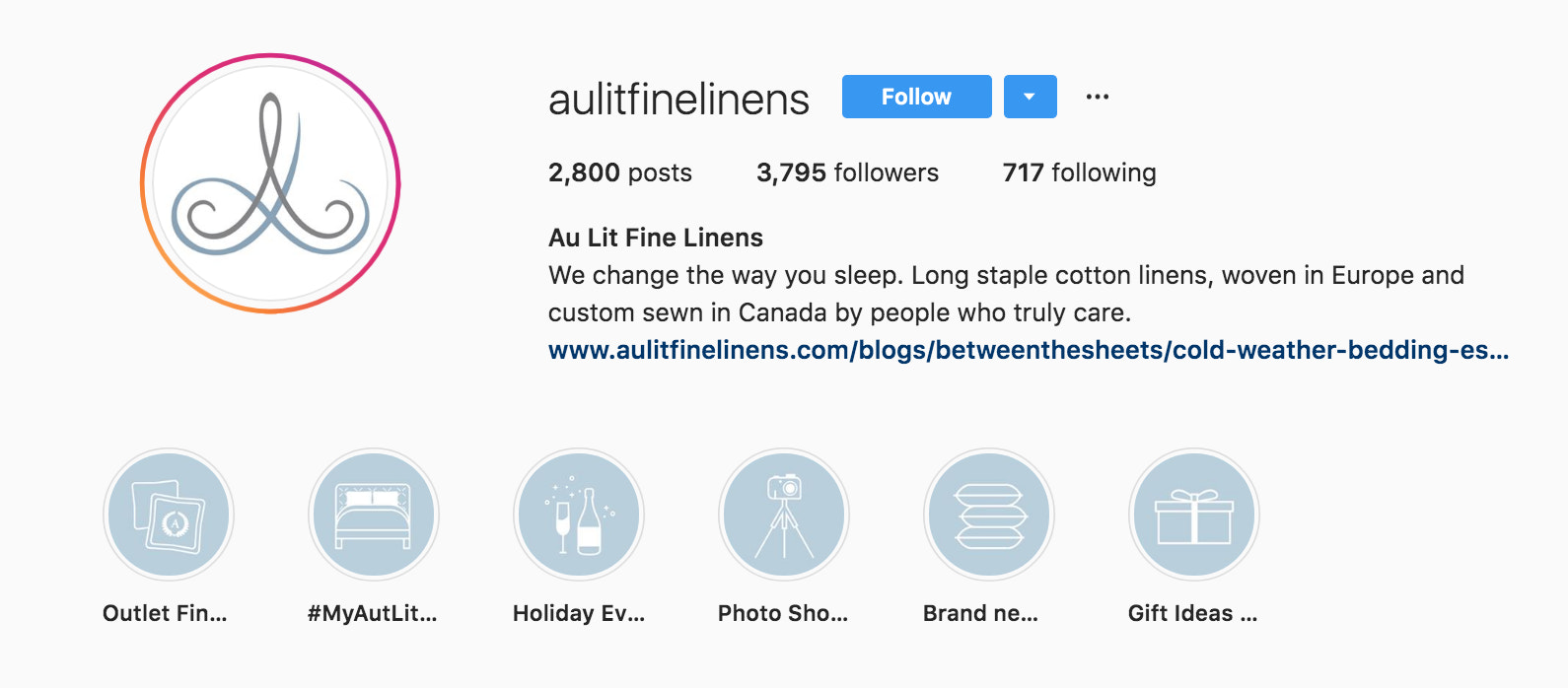 Au Lit Fine Linens Instagram Bio