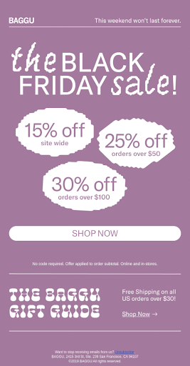 Baggu's Black Friday email campaign, with three clear discount amounts and a shop now call-to-action 