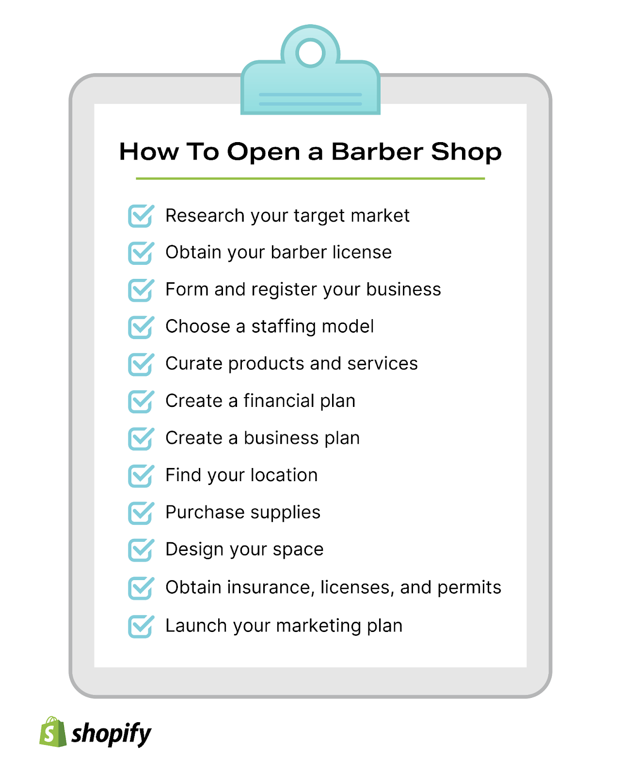 Illustrated clipboard showing the steps to open a barber shop.