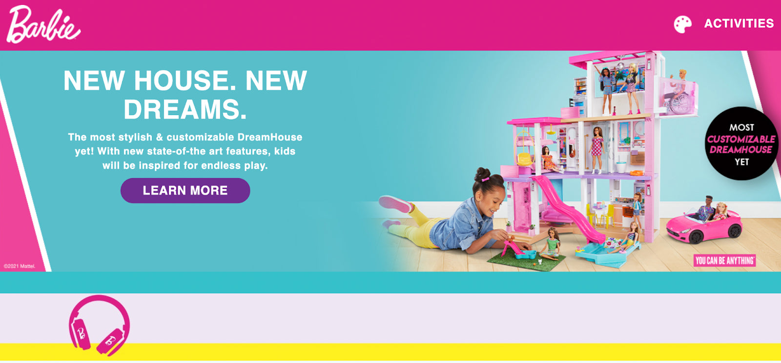 Screenshot of the Barbie homepage, pink color palette, bright colors, website header design example.