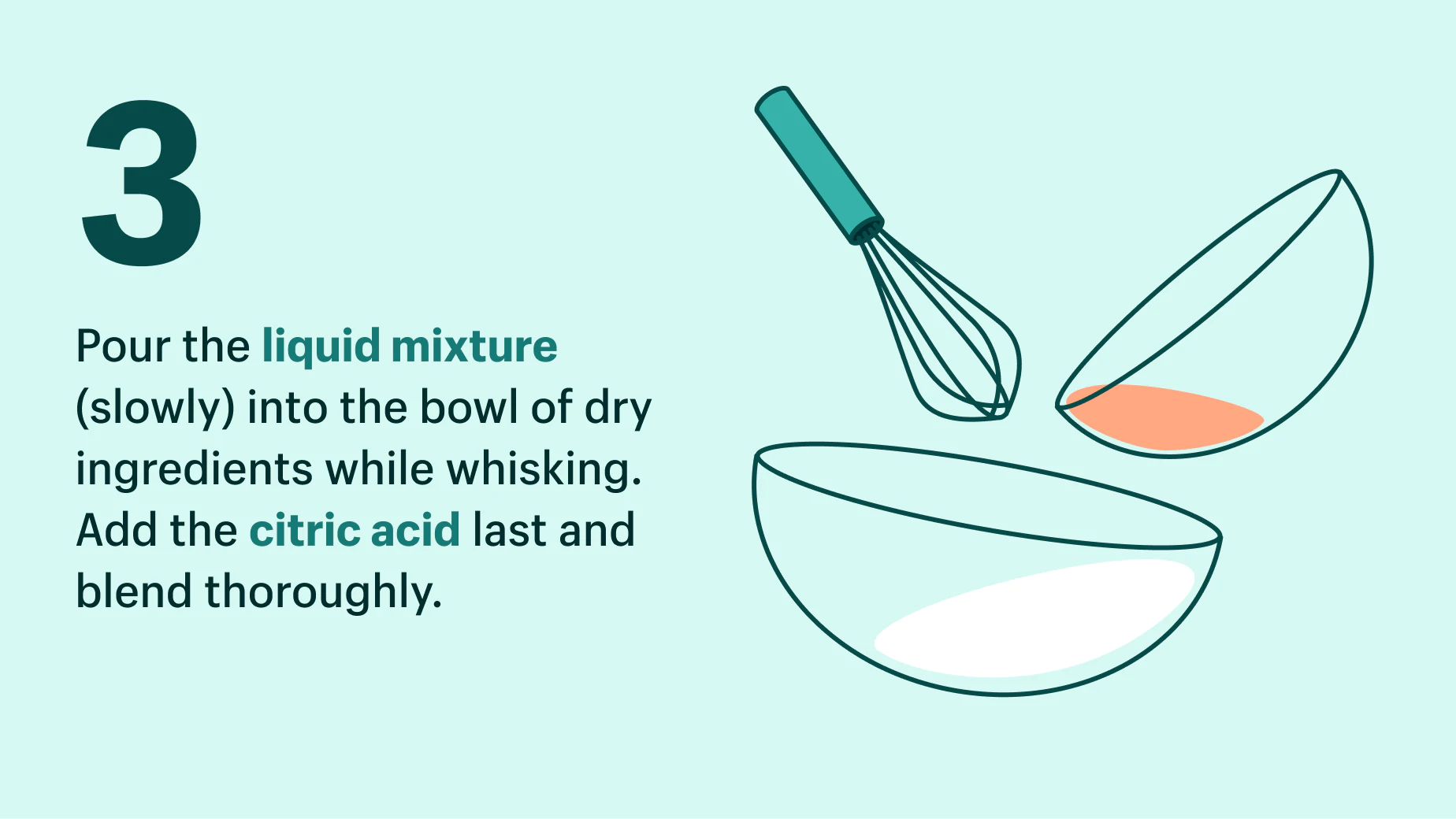 Step 3 to making bath bombs at home: whisk together all ingredients