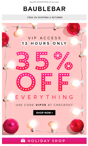 Baublebar's discount announcement in the centre of the email, surrounded by baubles and lightbulbs