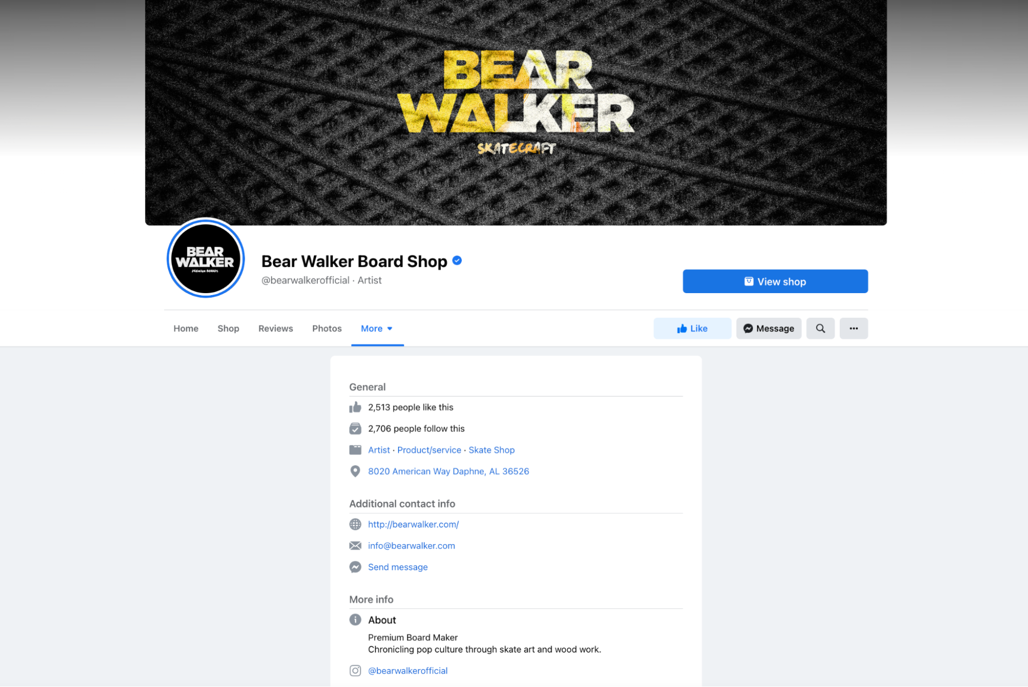 About section of Bear Walker’s Facebook page showing a cover photo with tire patterned background and yellow “Bear Walker” text