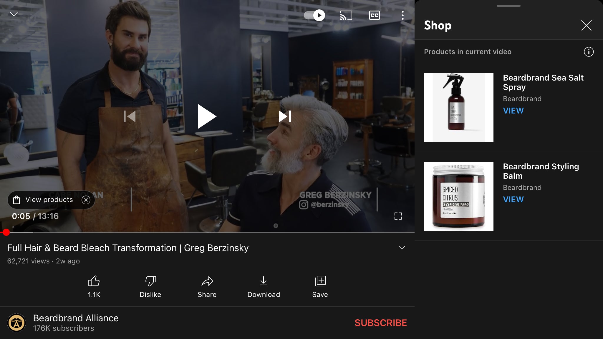Screenshot of YouTube Shopping on Beardbrand Alliance channel