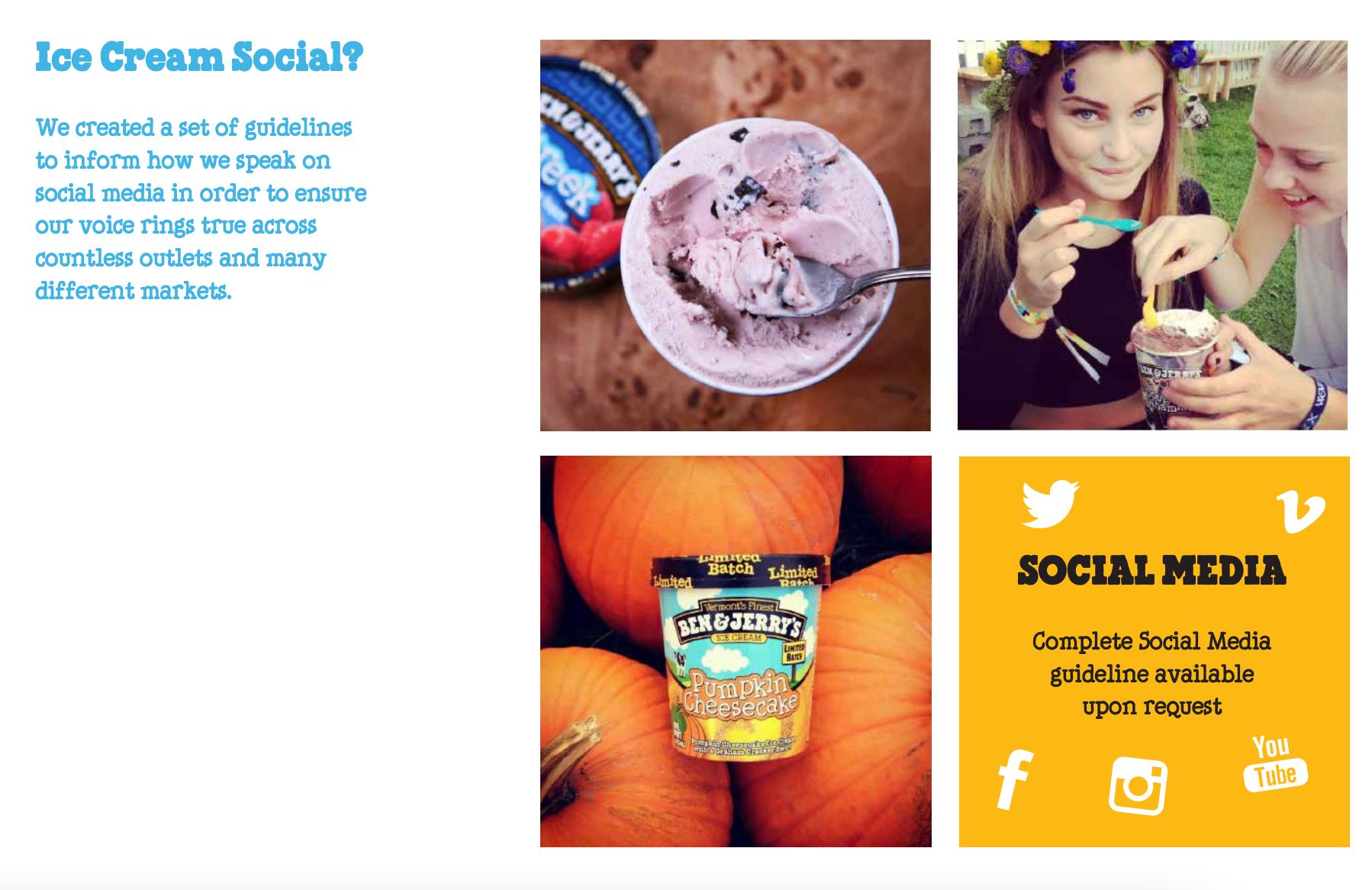 Ben & Jerry 的社交媒体摄影指南，包括示例图像，例如南瓜上的南瓜芝士蛋糕冰淇淋