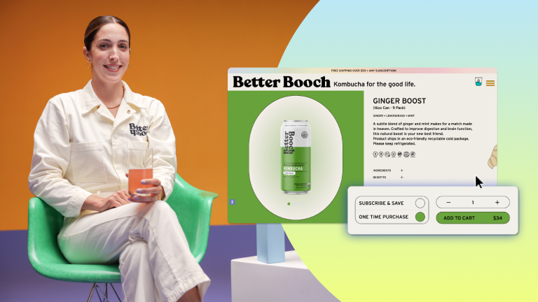 Co-Founder of Better Booch sitting in a white jumpsuit in a green chair next to a product page of Better Booch with subscription options.