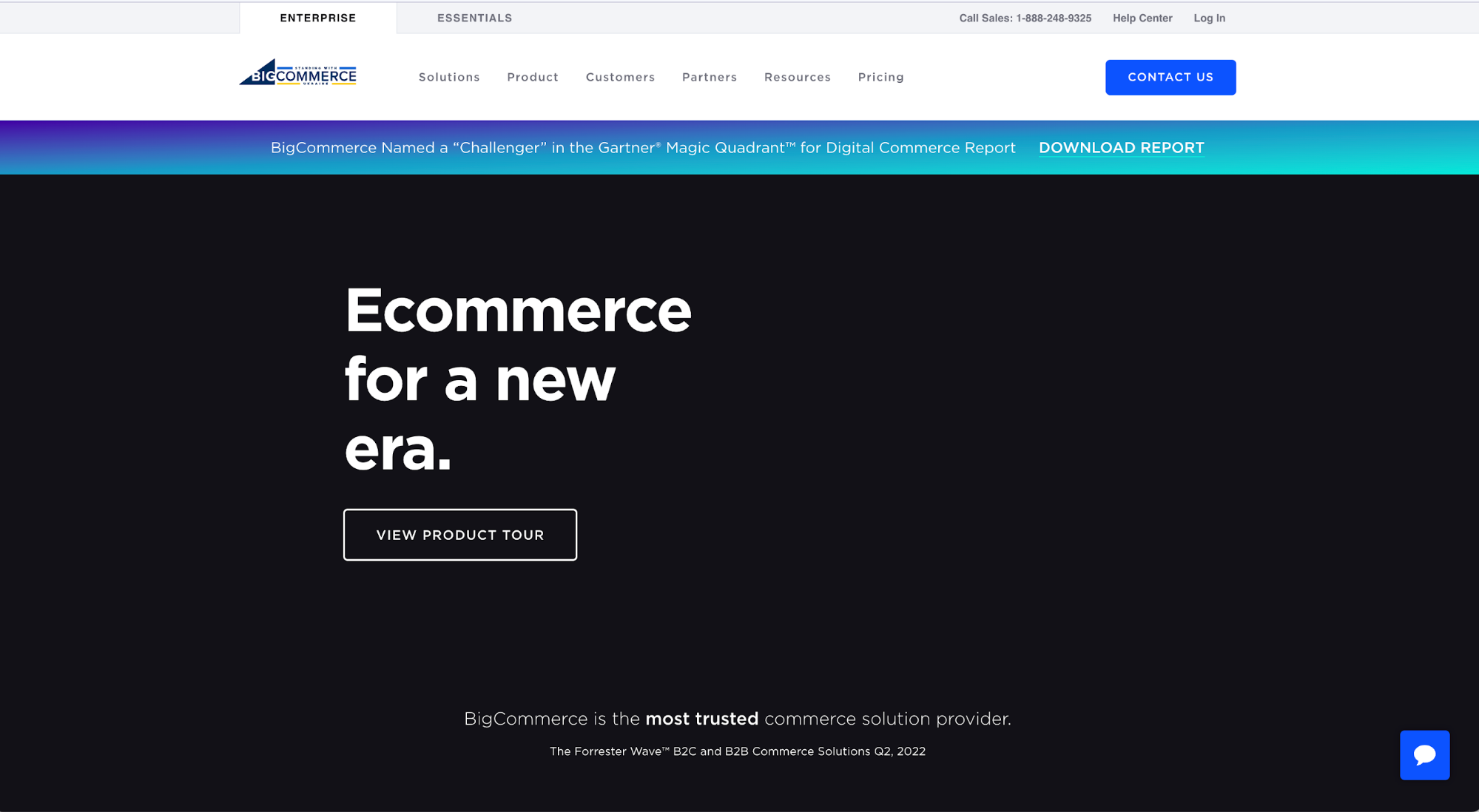BigCommerce logo and navigation bar above a minimalist black homepage with button to tour product.
