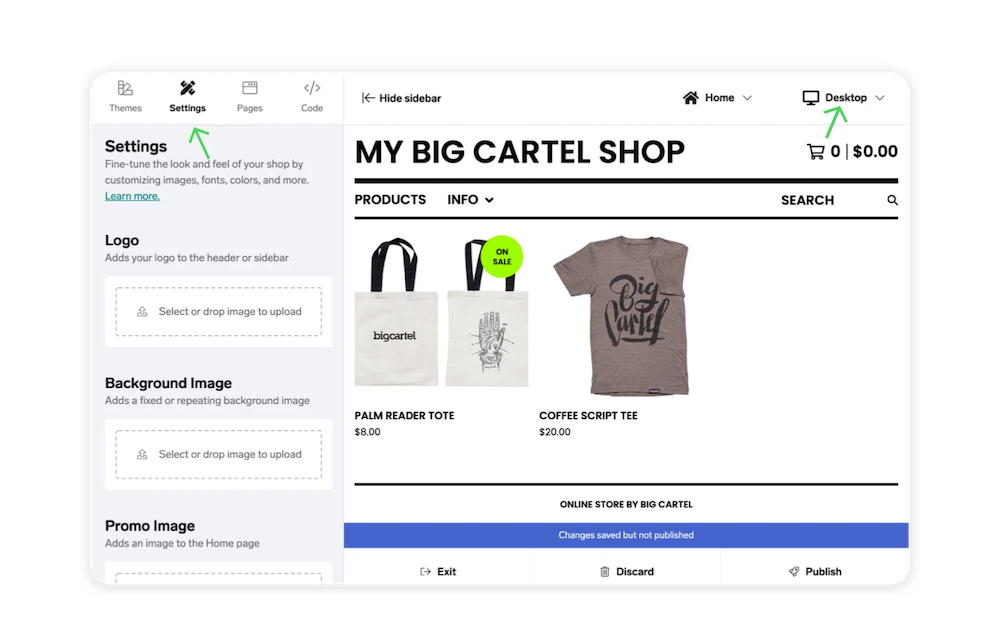 screenshot of Big Cartel website builder