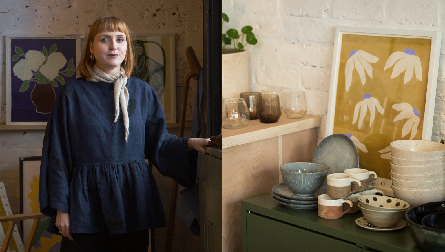 Woman brand owner Ruby from Still Life Story standing next to ceramic dinnerware on shelves