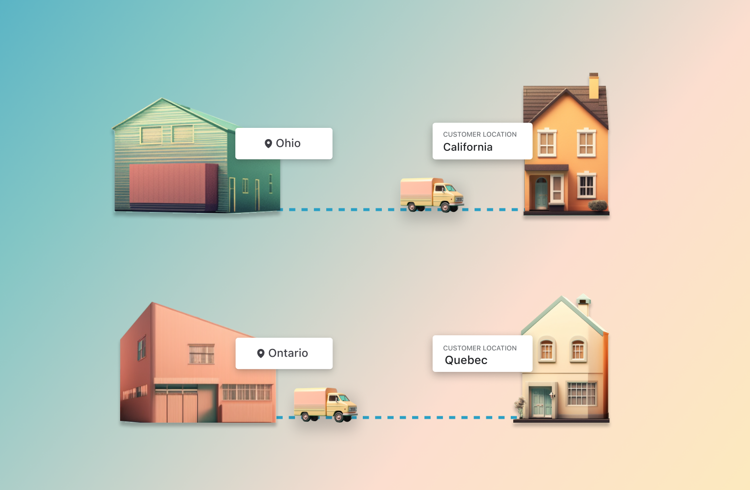 A warehouse location chosen with a green checkmark over a retail store location