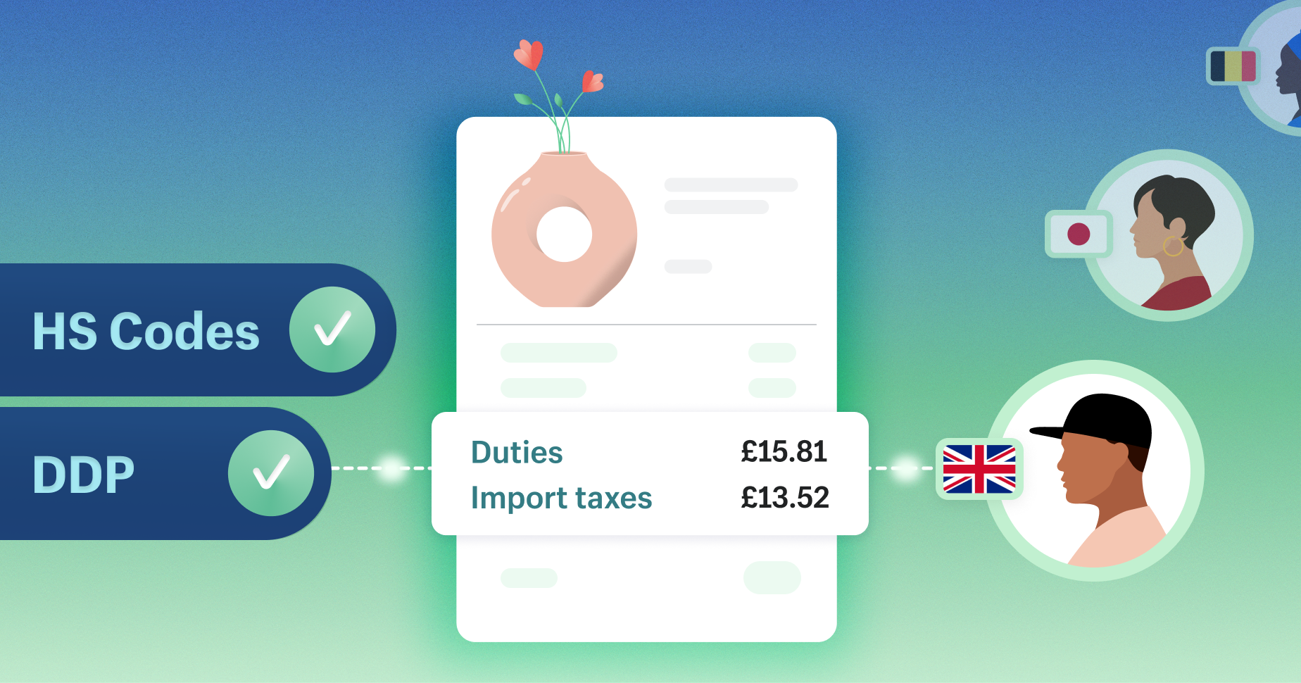 A graphic that represents duty and import tax values being calculated at checkout