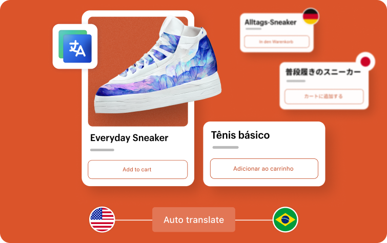 A collage featuring a pair of sneakers along with icons filled with descriptions in multiple languages.