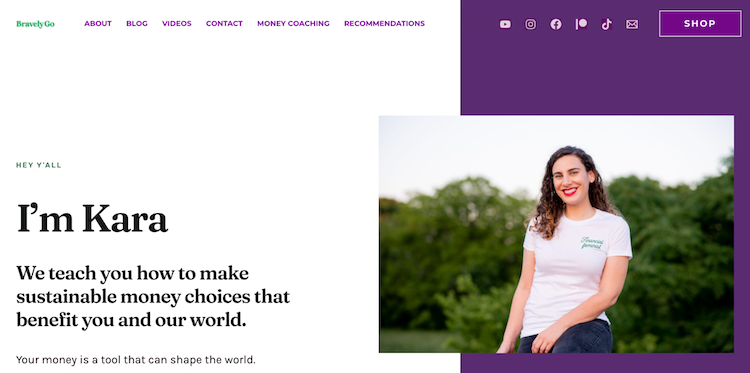 Bravely Go blog homepage with photo of founder Kara Pérez as she smiles, standing outdoors with trees behind her