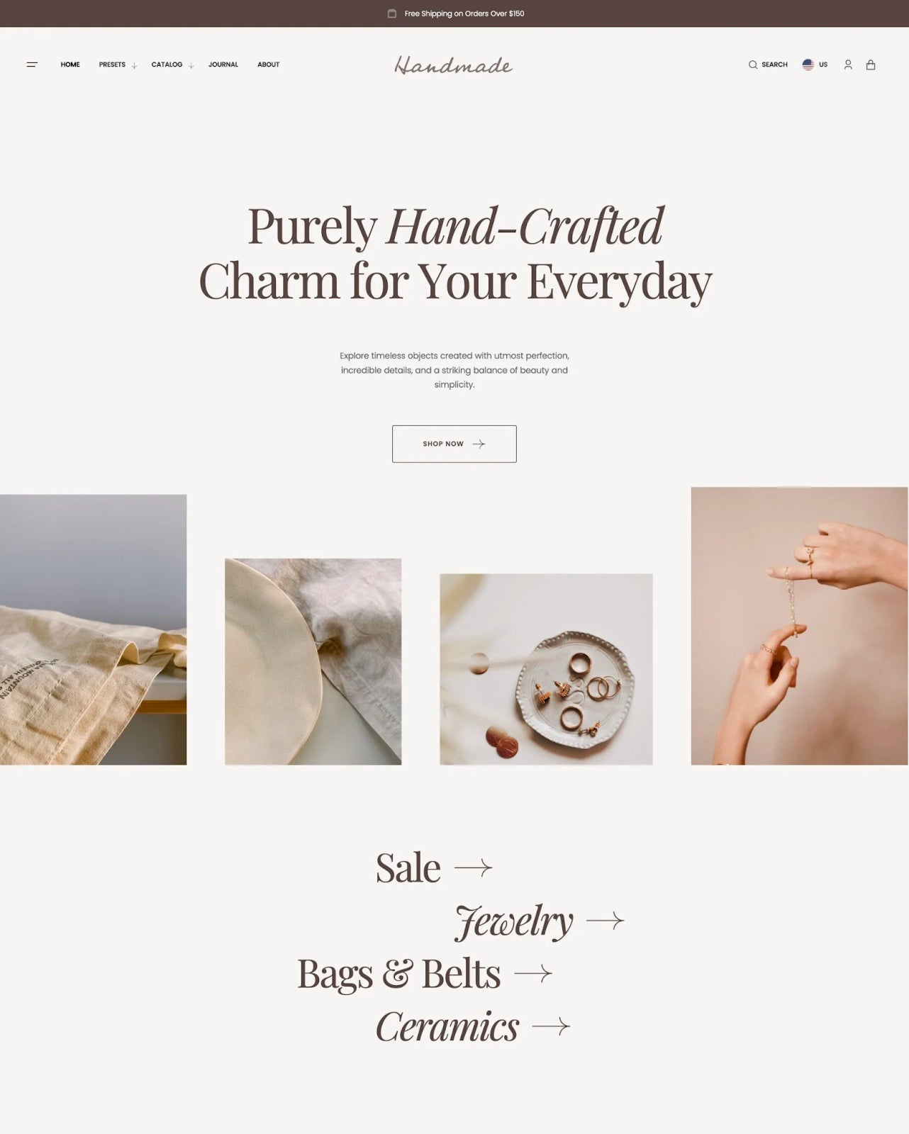Screenshot of the Handmade theme from Shopify, brown color palette, website header design