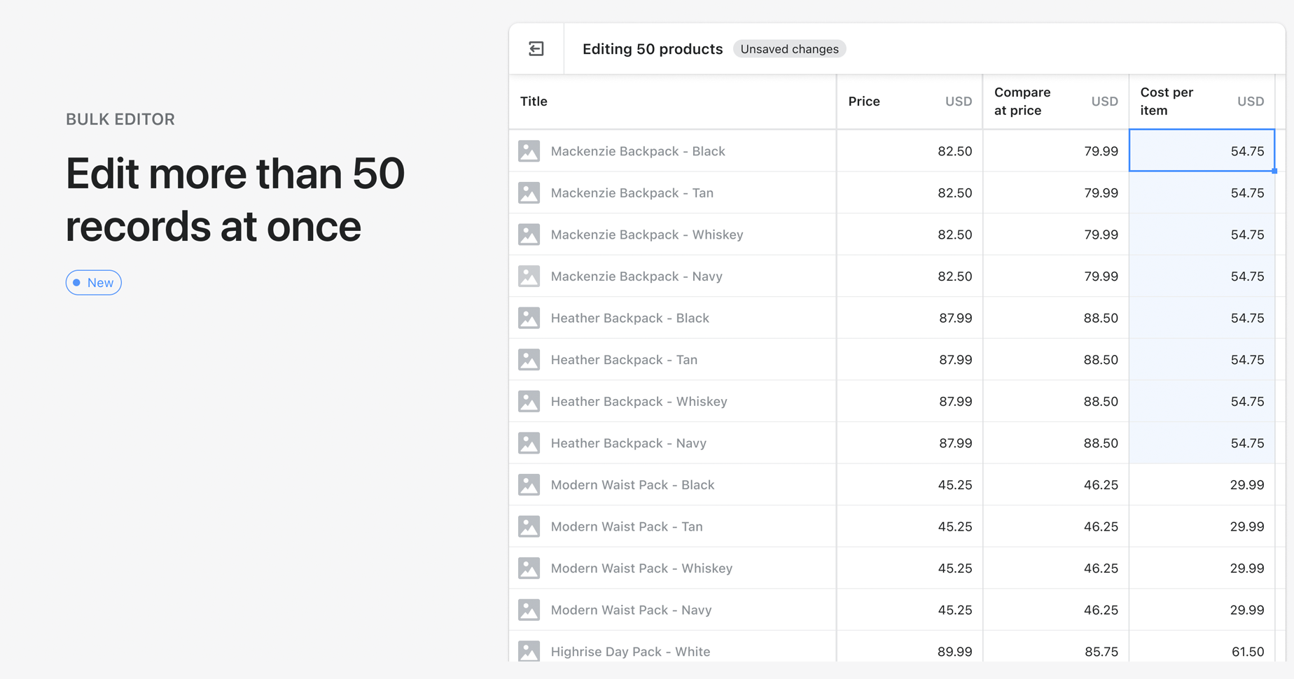 Shopify's bulk editing tool