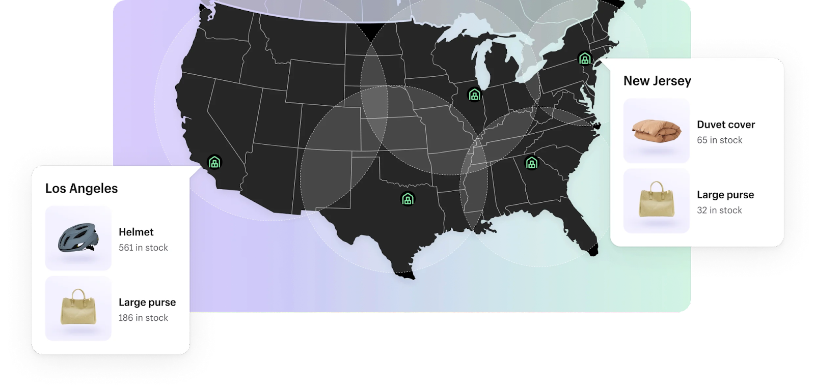 A US map shows five strategically located fulfillment centers. Two centers are annotated with example inventory information.