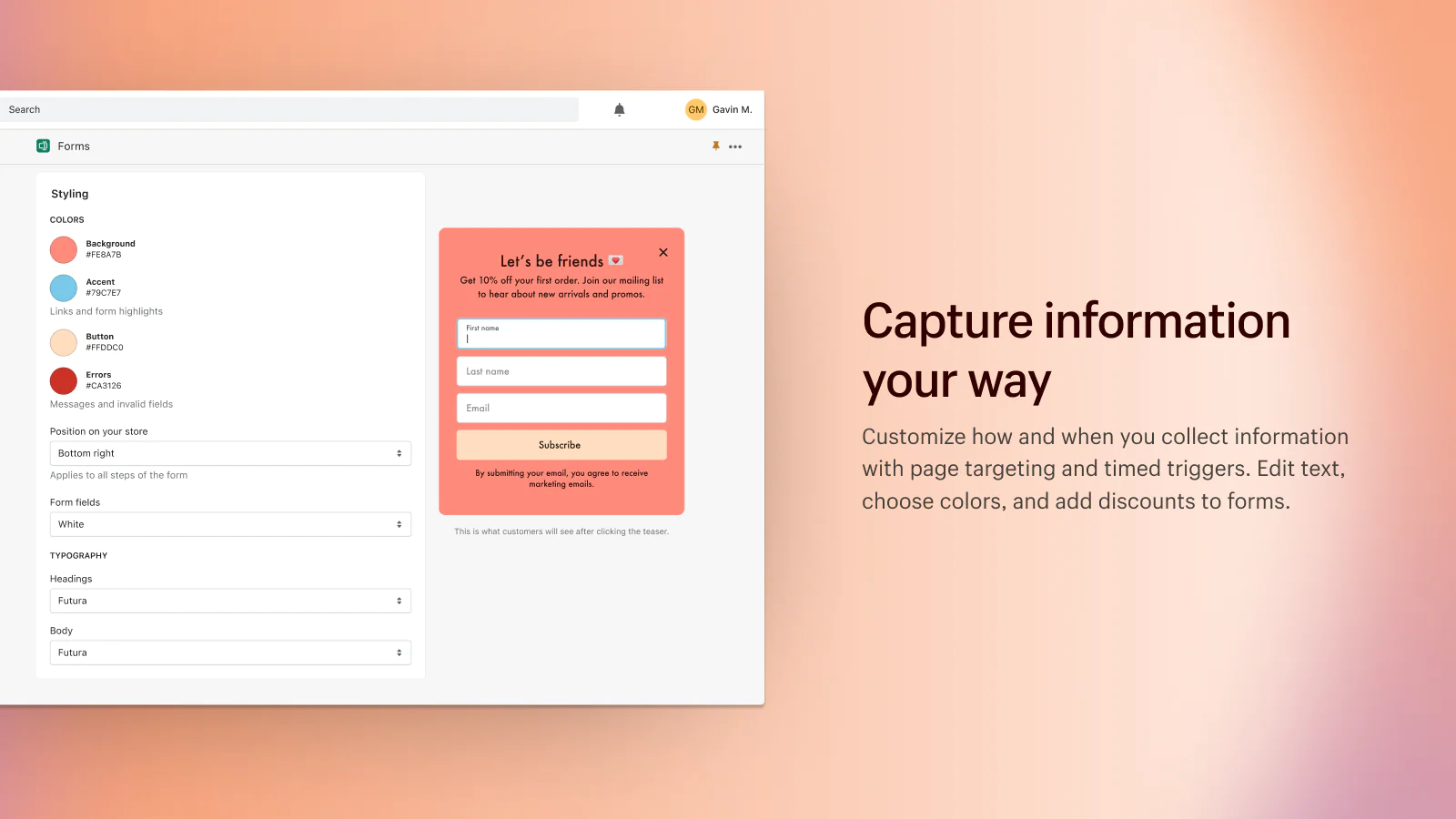 Shopify Forms app showing style settings options for forms