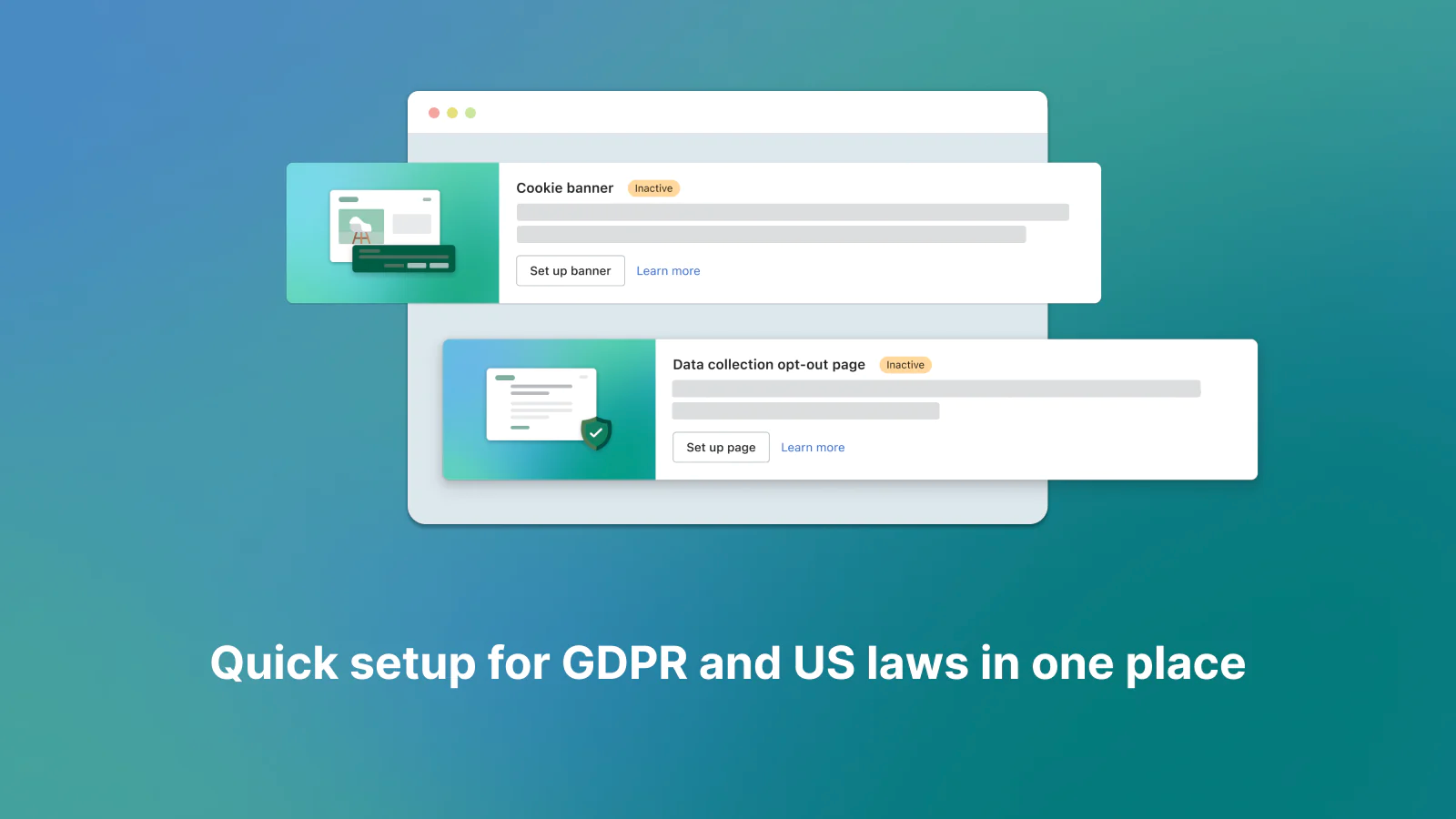 Shopify Privacy and Compliance app promo showing cookies and data collection settings