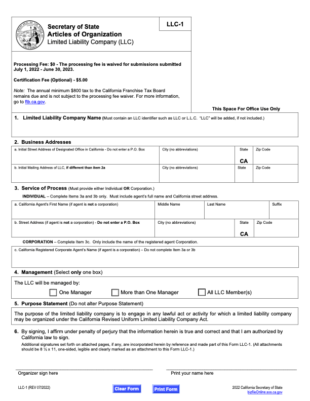 California LLC Articles of Organization form including company name, address, and management.