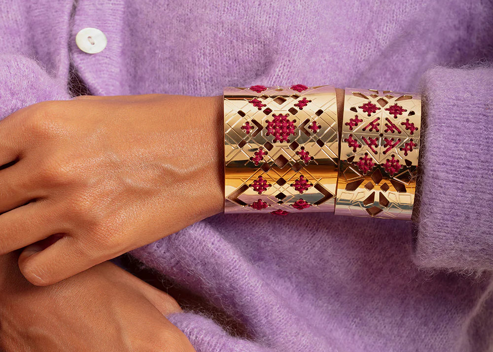 Close crop of a wrist modelling a cuff style bracelet