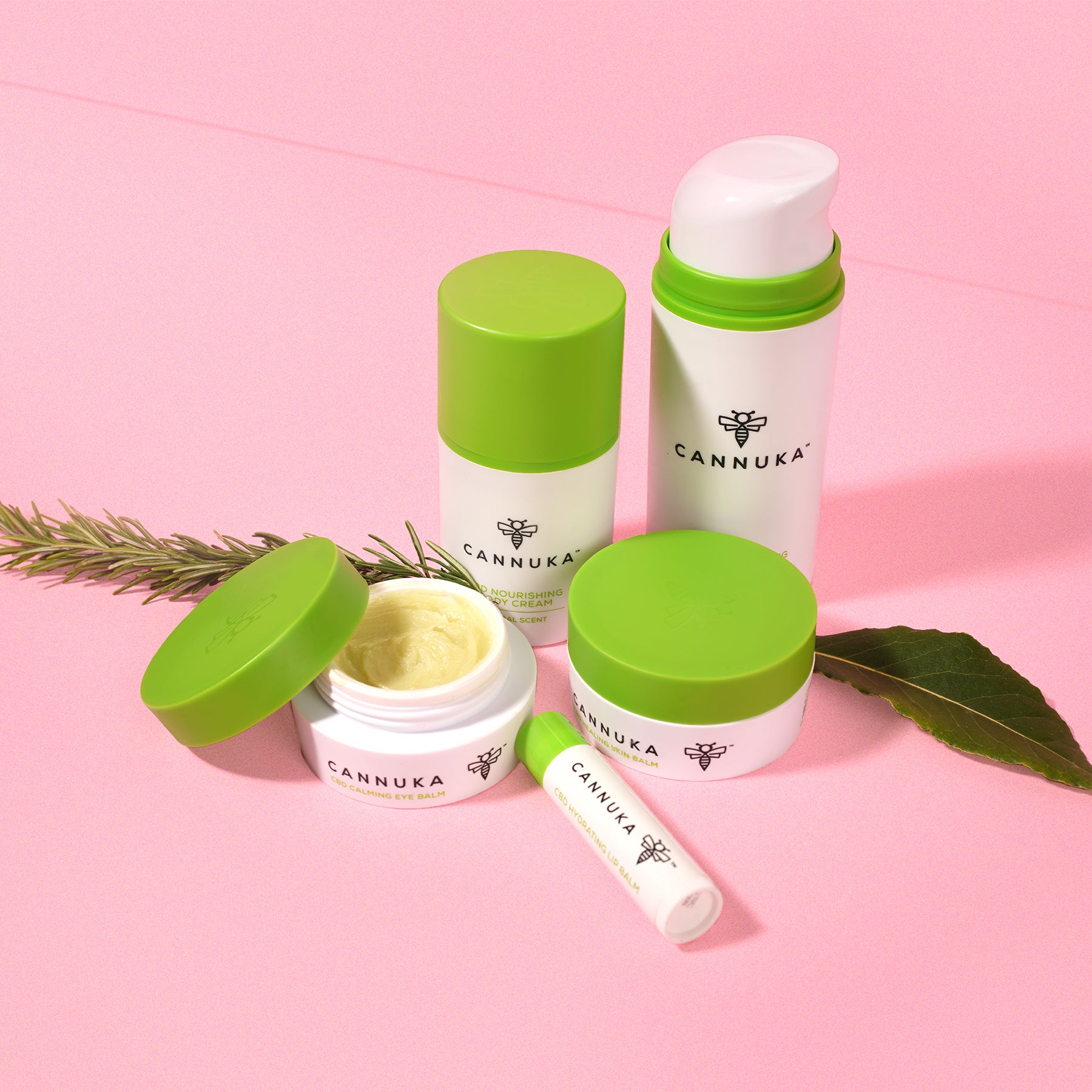 Still life photograph of five Cannuka products that includes eye balm, lip balm, body cream, and skin balm. They are photographed against a bright pink background and there is a sprig of fresh rosemary nestled among the products.