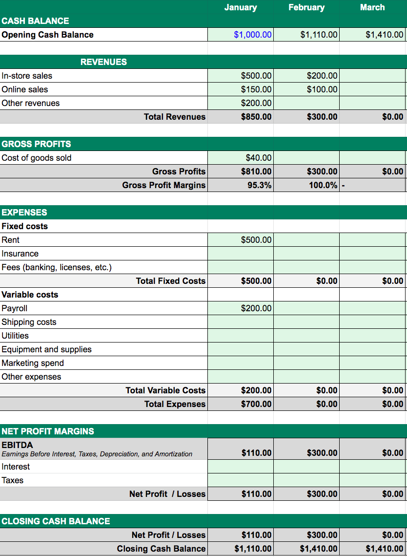 Cash flow forecast example