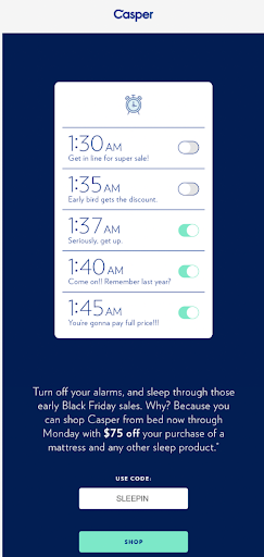 Casper's smartphone alarm design on a blue background, with discount announcement at the bottom of the email