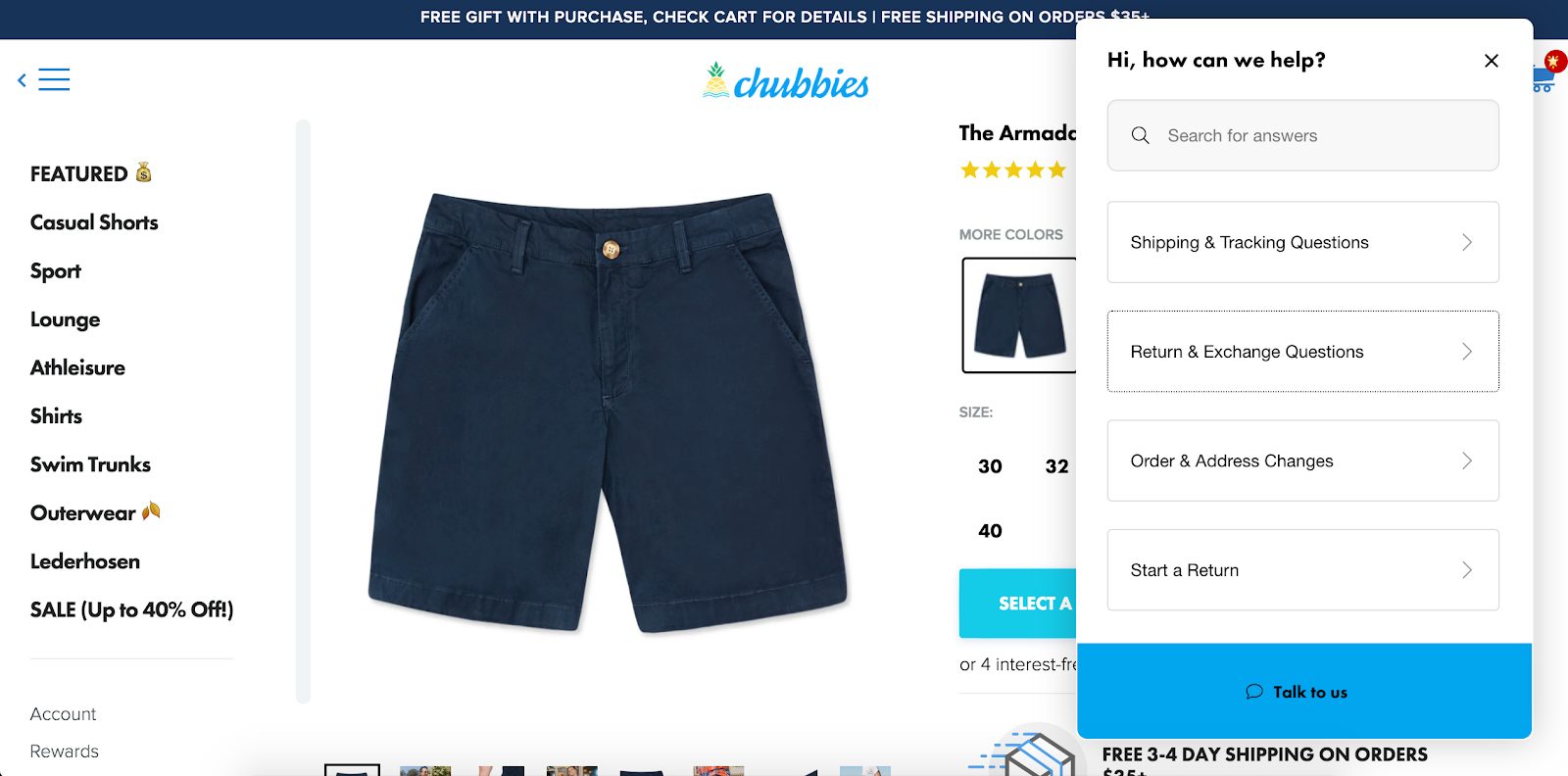 Chubbies shorts product page with pop-up that includes a section on returns.