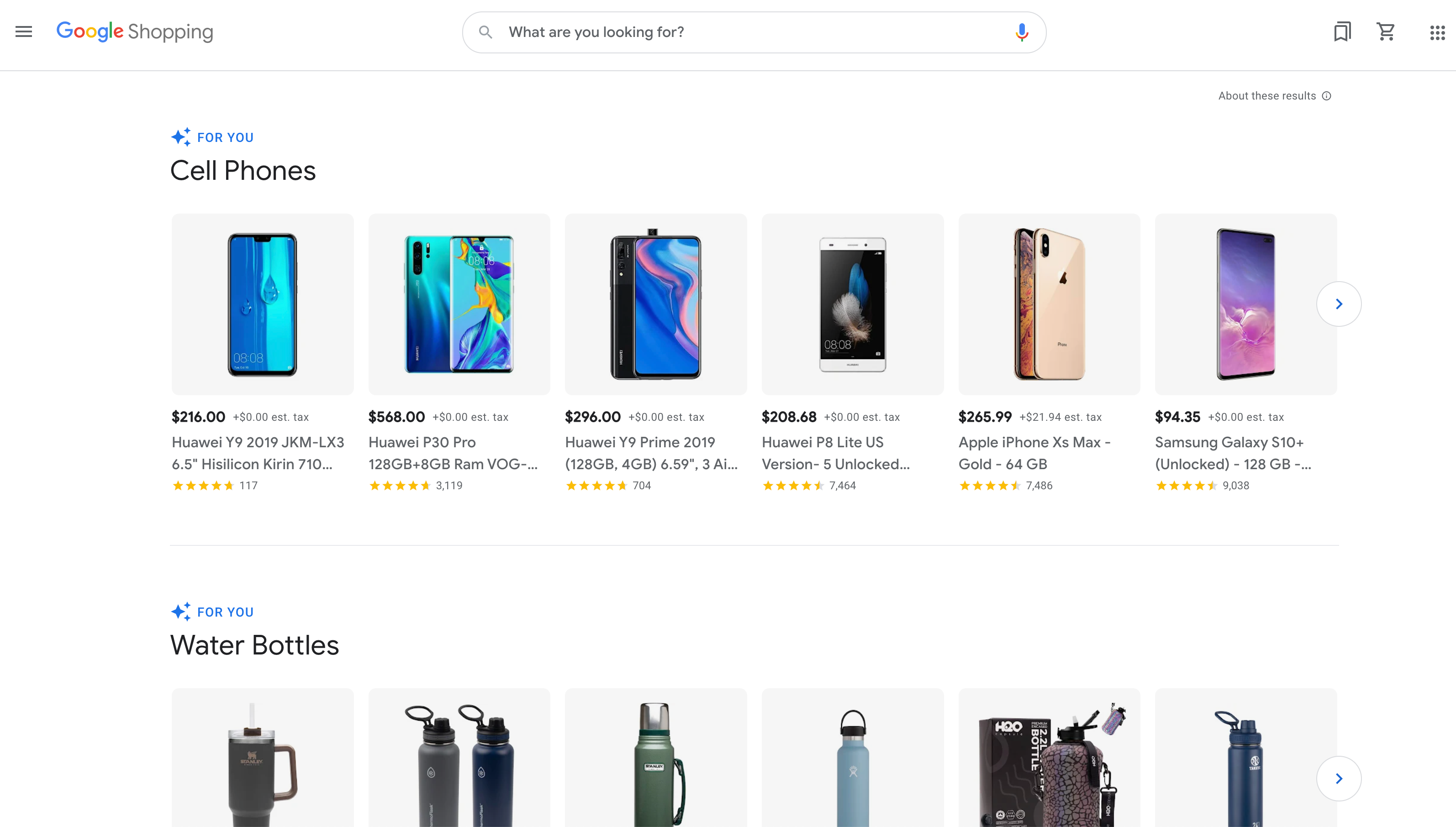 Google Shopping search result for "Cell phones" 