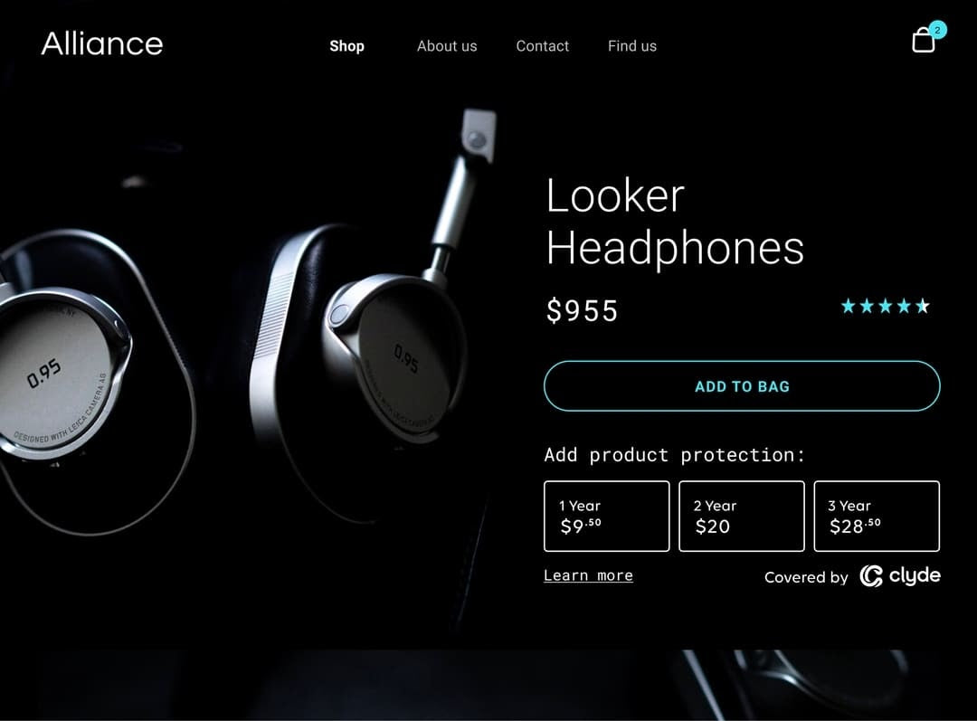 Product page for headphones with options to purchase product protection covered by Clyde.