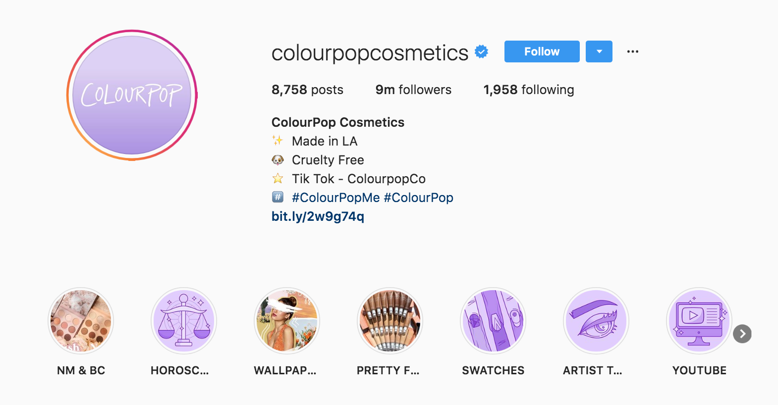 ColourPop Cosmetics Instagram Bio