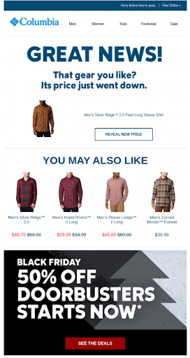 Carousel of products in the middle of the email, with personalized message above and discount announcement below