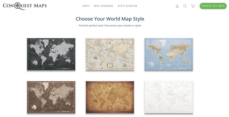 Conquest Maps Shopify store showing six different types of world maps