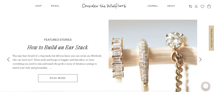 Consider the Wldflwrs blog homepage with hero story text on left and jewelry on right