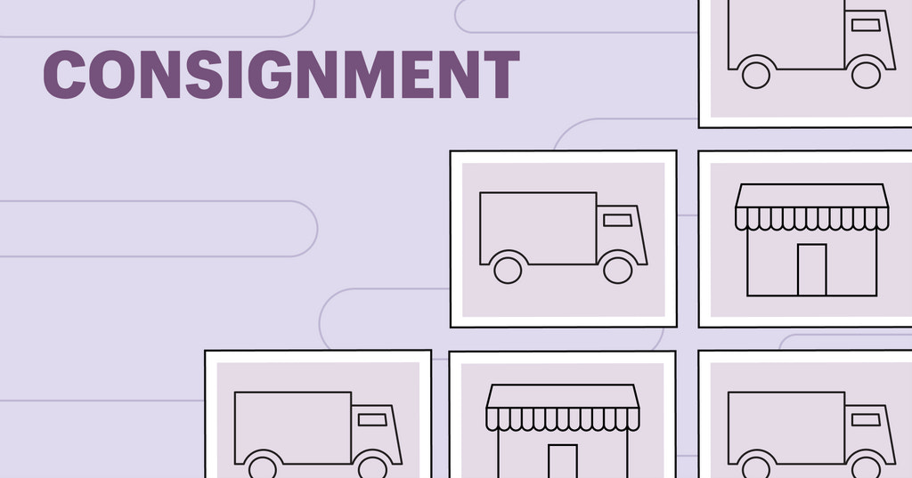 寄售特色的形象，显示一辆卡车，和业务在紫色的背景。