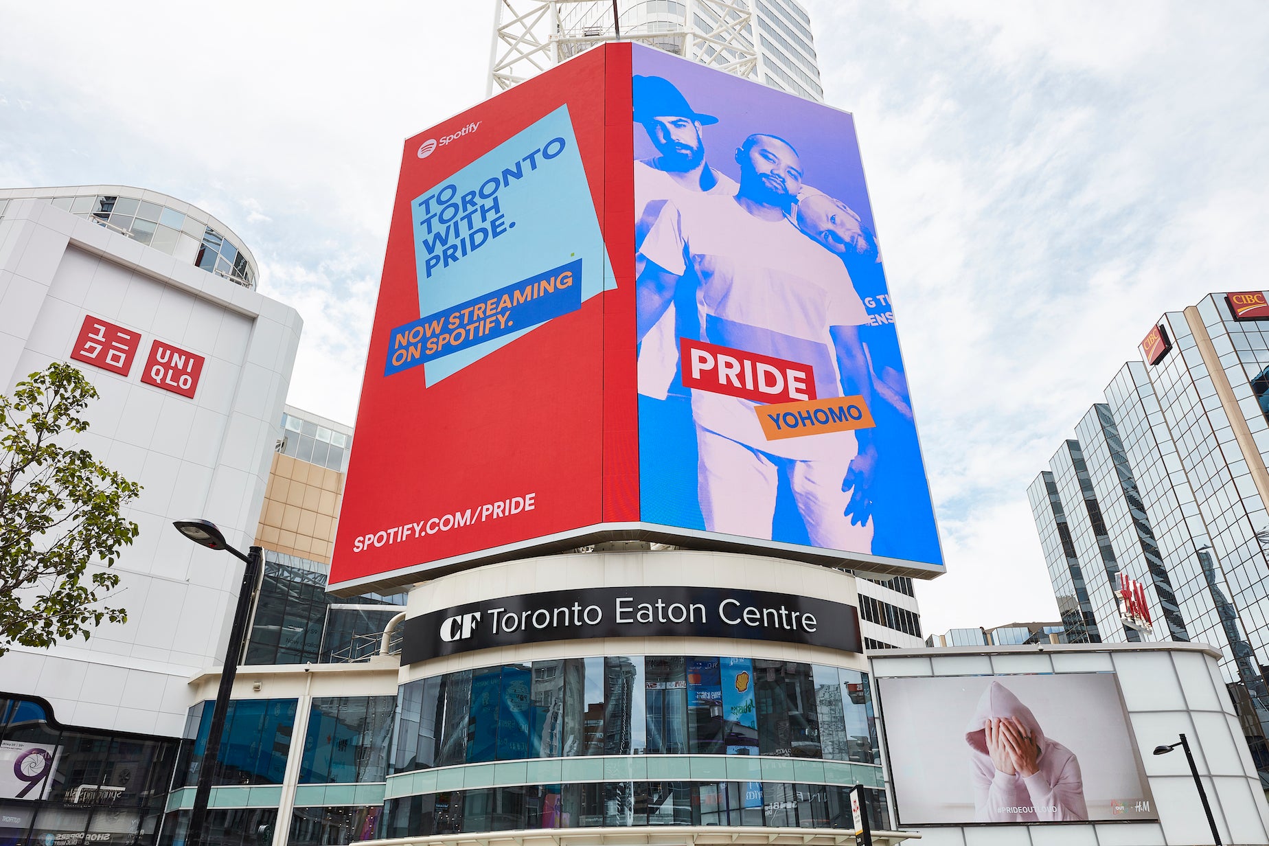 A billboard in Toronto's Yonge and Dundas Square featuring Yohomo and Spotify's collaboration in 2018