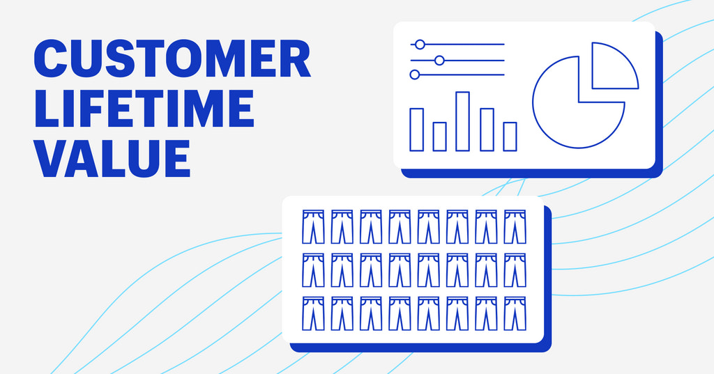 Customer lifetime value featured image with a pie chart and many pair of jeans.