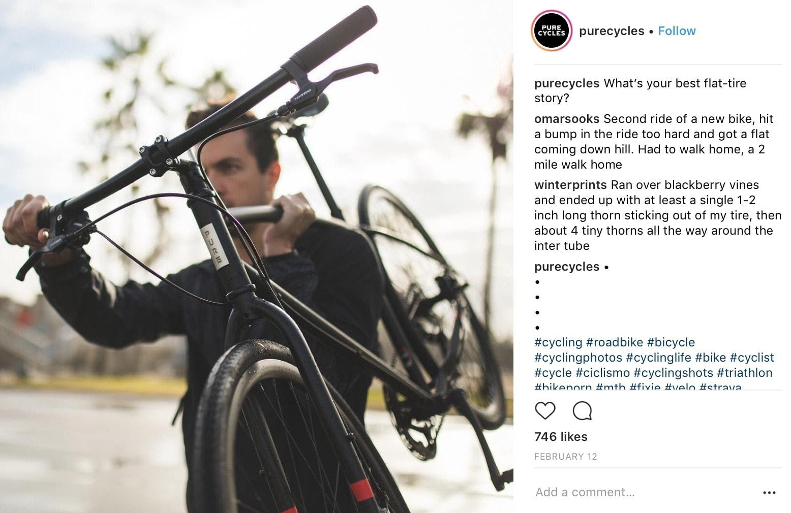Idée de post Instagram de Purecycles demandant aux utilisateurs de partager leurs meilleures histoires de pneus crevés.