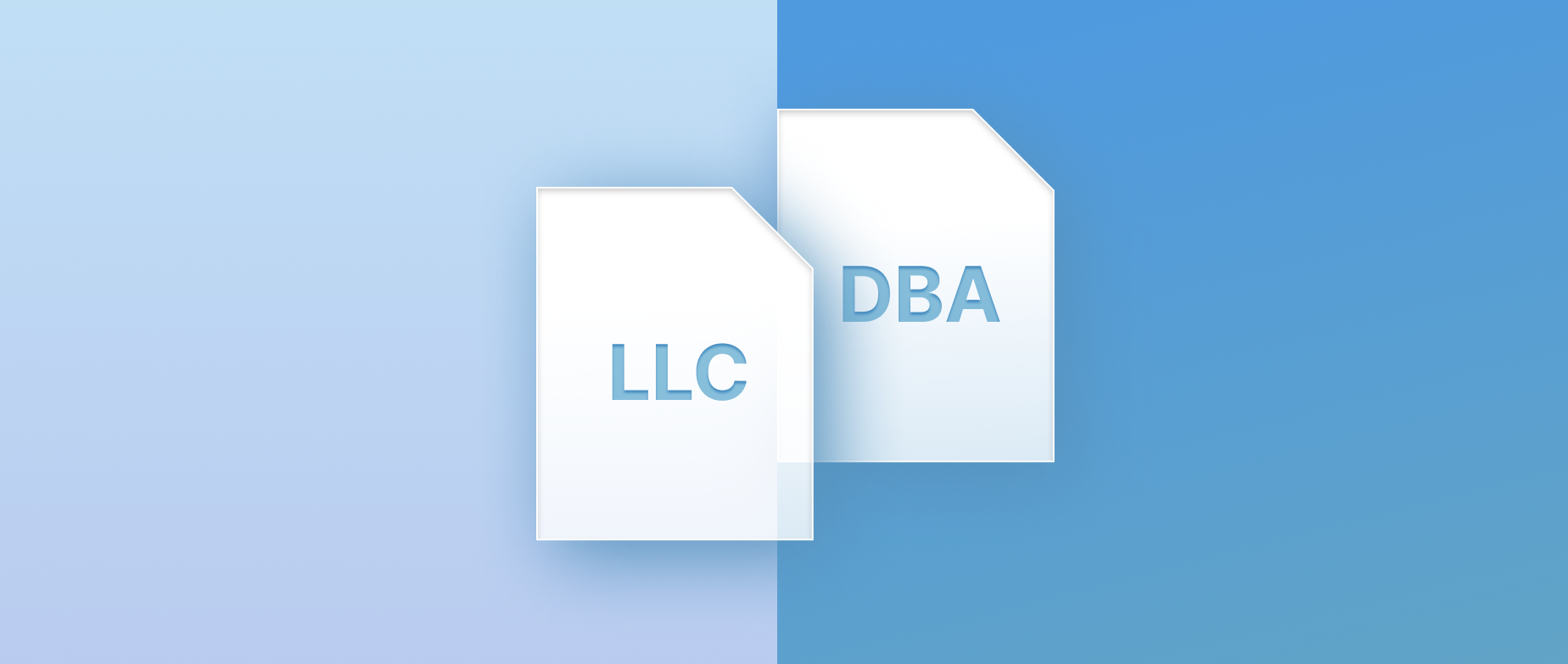 Split blue background with LLC and DBA on white paper icons.