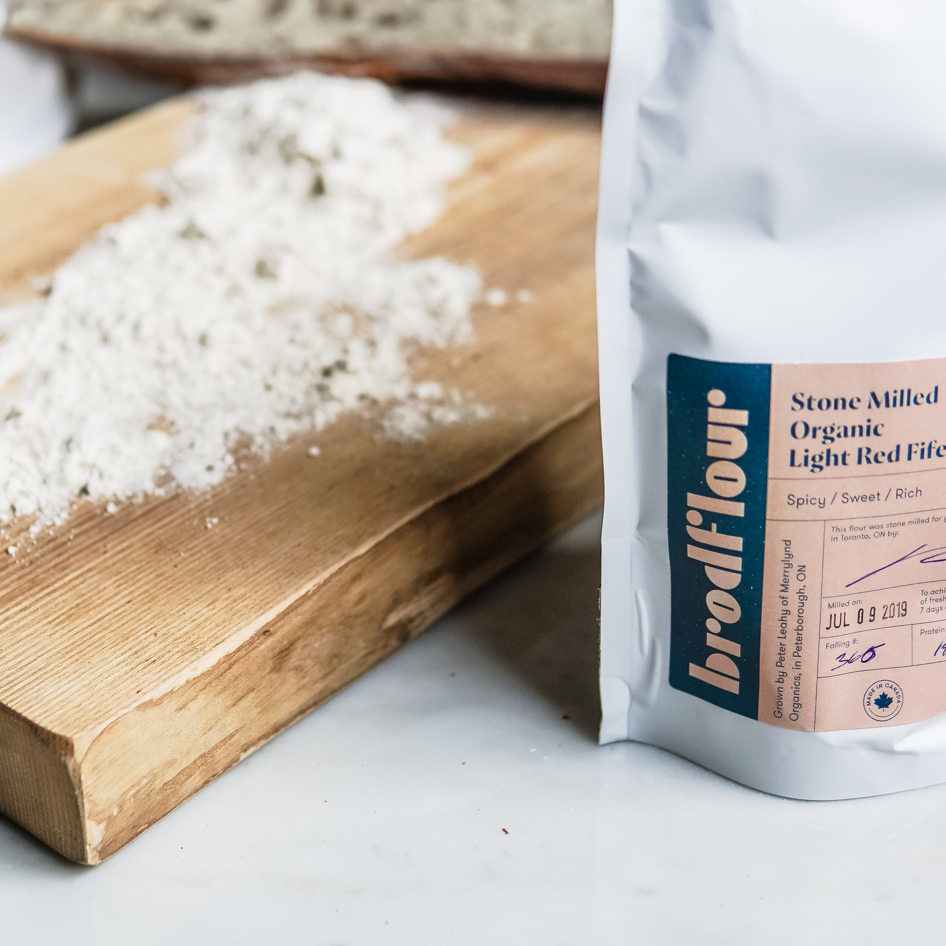 A bag of organic and freshly milled flour from Brodflour. 