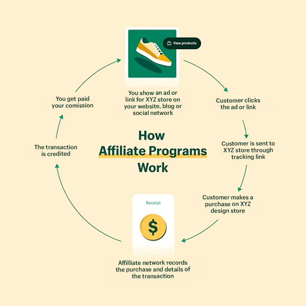 Diagram of how affiliate programs work on light yellow background.