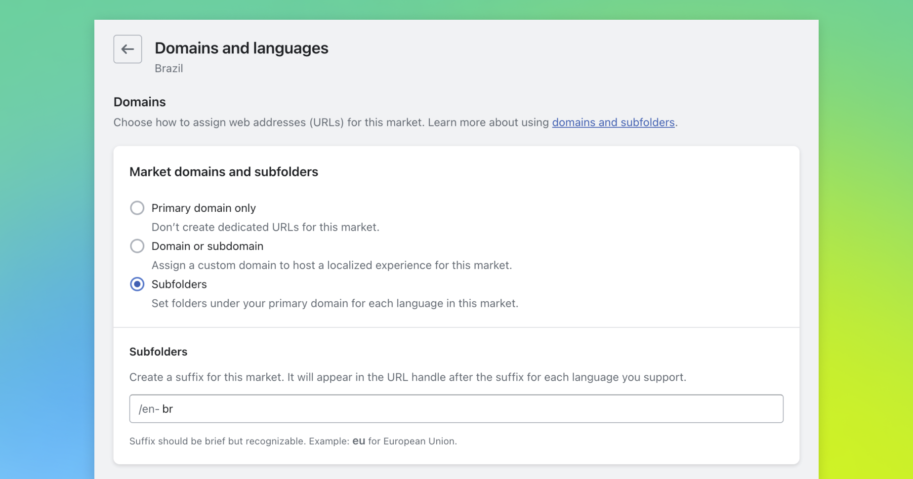 Shopify admin showing the settings for Domains and languages for Brazil market