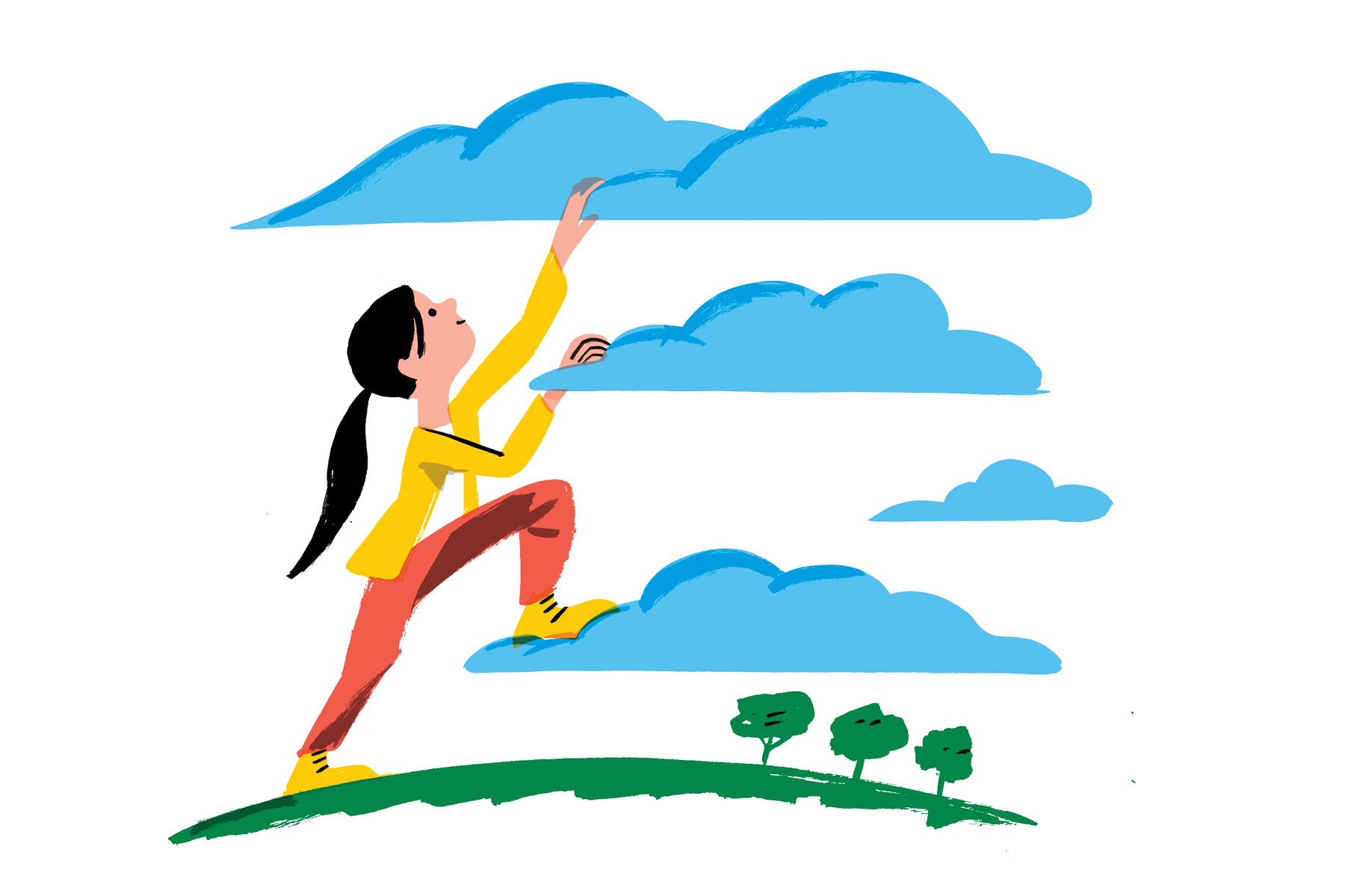 Illustration of a young girl with brown hair and a yellow shirt on with clouds above her. The clouds are staggered and she is climbing them like steps. This is a metaphor for realizing her dreams and future goals. 
