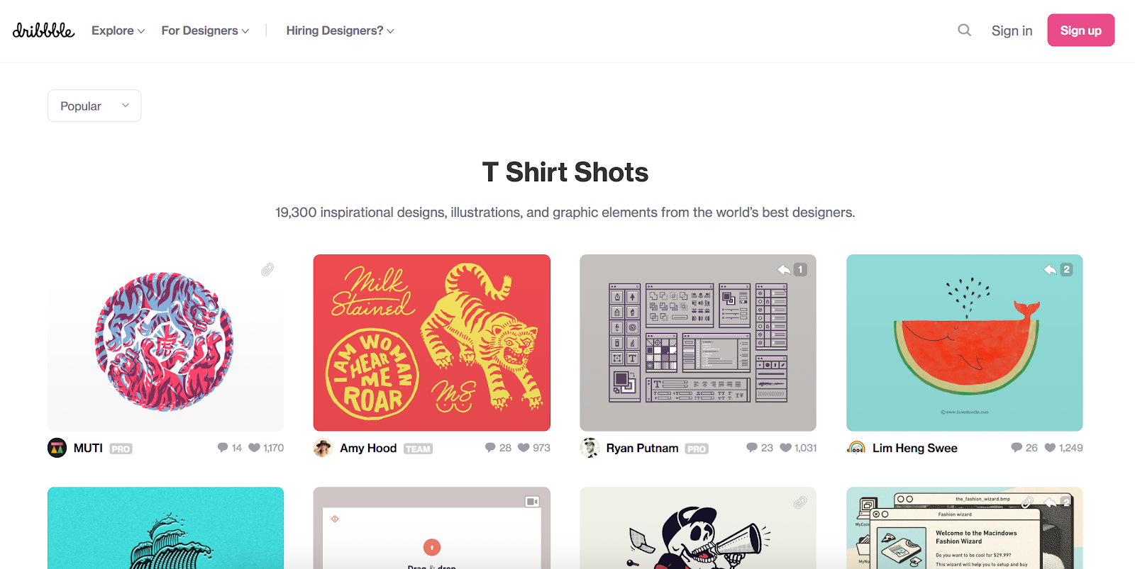 Screenshot der Plattform Dribbble als Inspirationsquelle für dein eigenes T-Shirt-Business